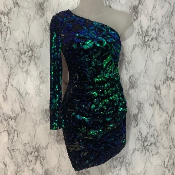 Parisian Sequin Blue Green One Sleeve Dress size 2 - Picture 1 of 7